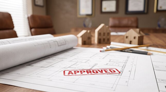 Approved stamp on architectural blueprints representing a successful real estate development project plan.