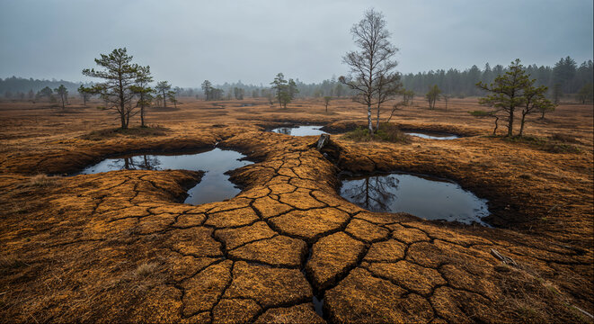 Cracked dry bog soil with shrinking pools and trees, drought