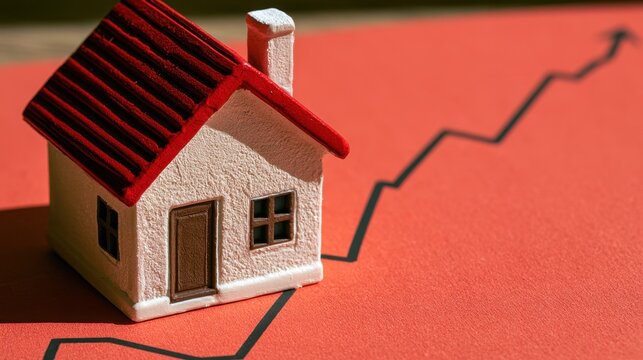 A downward graph beside a house represents falling real estate values, market uncertainty, financial risk, economic weakness, and changing housing demand.
