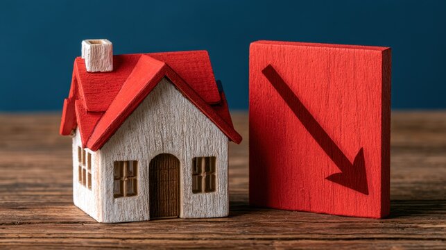 A house beside a downward graph symbolizes declining property values, housing market uncertainty, investment risk, economic slowdown, and weaker demand.
