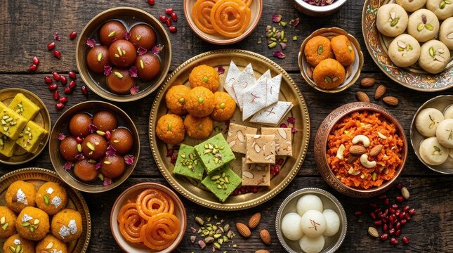 A colorful overhead view of a variety of traditional indian sweets and mithai in decorative bowls