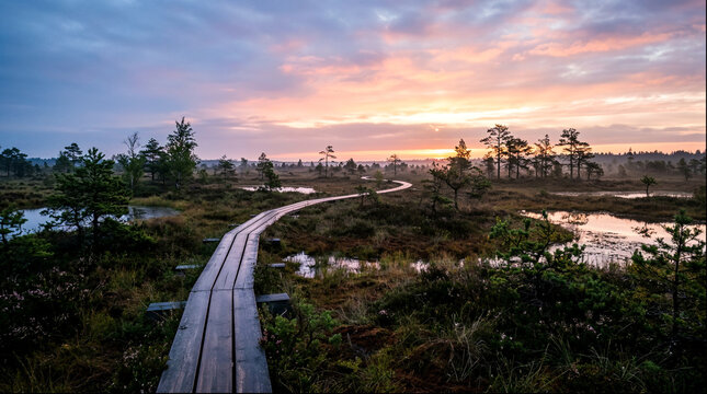 Wooden boardwalk through bog at colorful sunset