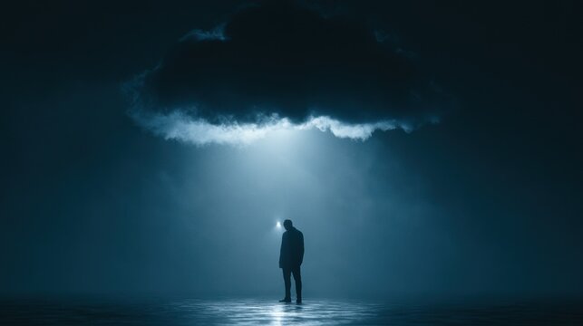A person standing under a dark cloud near a small light represents mental pressure, emotional challenges, hope, resilience, and the search for positivity.
