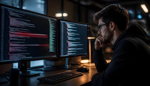 Software developer working on complex programming code on dual computer monitors