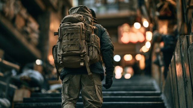 A person ascending stairs under a heavy load reflects mental endurance, persistence, personal growth, resilience, and progress despite challenging obstacles.
