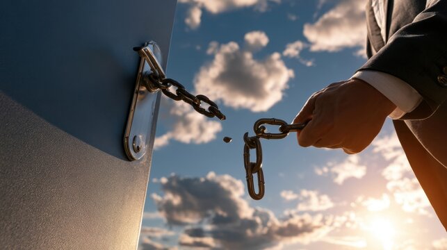 A businessman holding a broken chain beside an open door conveys the concept of business freedom, organizational change, overcoming restrictions, new opportunity, moving beyond outdated limitations.
