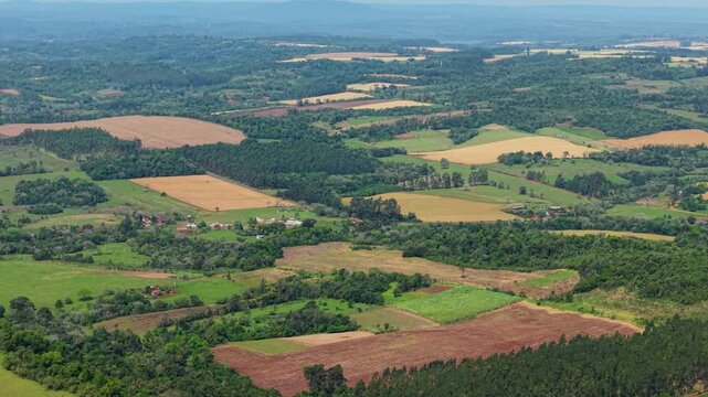 Patchwork farmland spreads across rural Nueva Alborada, Paraguay from above.