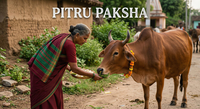 Woman offering food to a cow, Pitru Paksha, Hindu ritual, ancestral reverence, rural Indian life