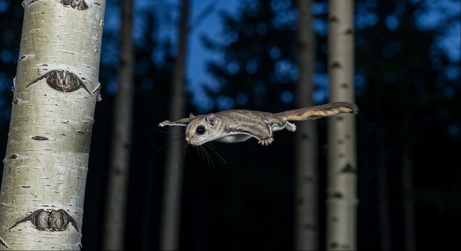 Siberian flying squirrel gliding between aspen trees at dusk