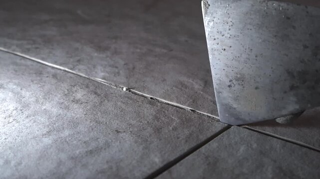 Extreme close up of a tiler wearing protective gloves and using a putty knife to clean dried mortar residue and dust from the joints between newly installed ceramic floor tiles