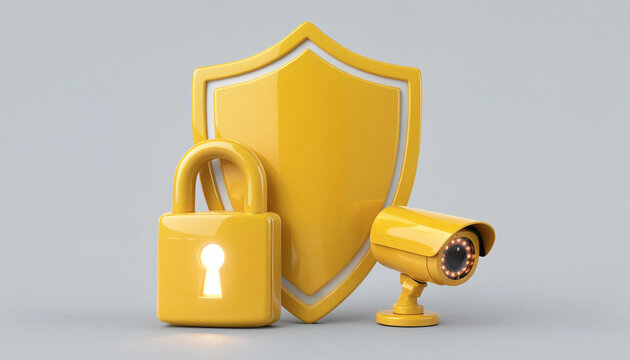 3D golden shield padlock and CCTV security camera representing cybersecurity and data protection