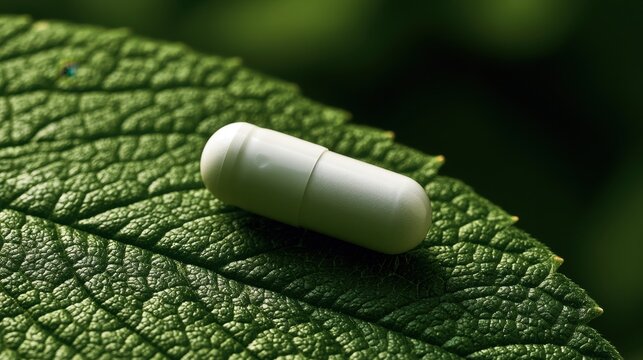 Combining a medical capsule with a plant leaf represents natural therapeutics, pharmaceutical development, biotechnology, responsible research, and sustainable care.
