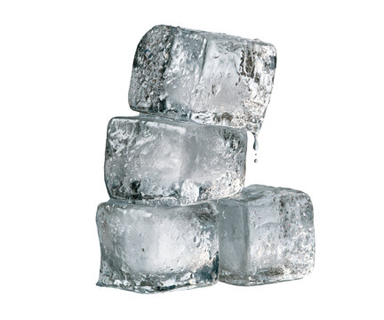 A stack of clear ice cubes with melting water droplets isolated on transparent background