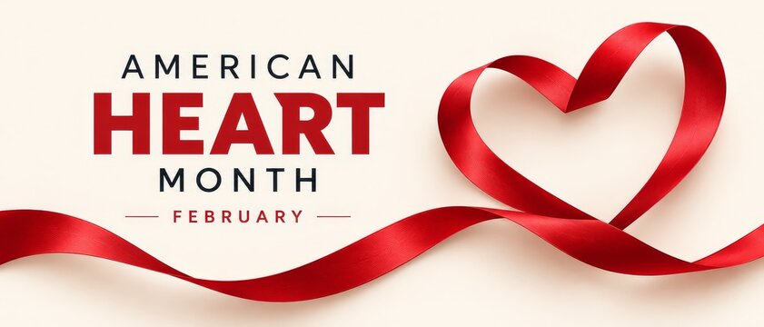 American Heart Month February red ribbon heart on white background