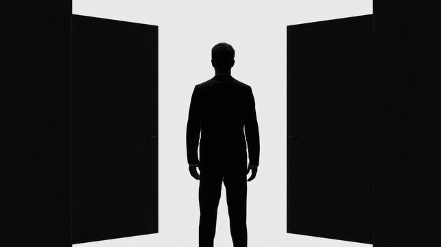 A human silhouette positioned between open doors symbolizes choice, uncertainty, life transition, self reflection, and selecting between different directions.
