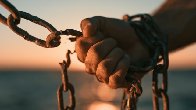 A broken chain held firmly in a human hand represents overcoming restrictions, emotional healing, personal freedom, inner strength, and positive transformation.
