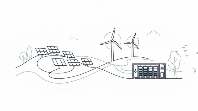 Animated Line Drawing of Solar Panels and Wind Turbines in Eco-Friendly Energy Landscape