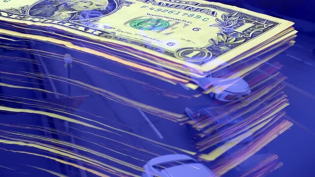 Double exposure concept of mixed US dollar bills stack shrinking over congested city road traffic. Visual metaphor for inflation, shrinking savings, and urban financial strain. Blue Color.