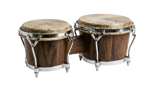 Pair of bongo drums isolated on white background, ideal for Latin music and percussion design projects, and creative projects, high quality visuals, modern branding needs, advertising
