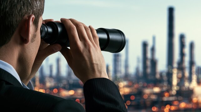 A businessman surveying a factory with a telescope highlights business foresight, industrial development, technology planning, investment, and future opportunities.
