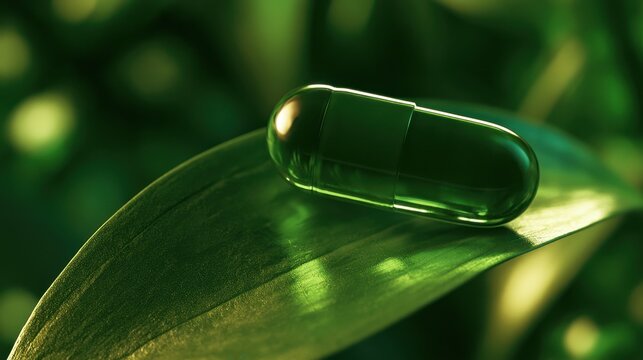 A green leaf beside a medical capsule represents plant based healthcare, natural medicine, biotechnology, pharmaceutical innovation, and sustainable research.
