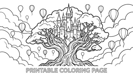 Fototapeta premium Castle perched on a large ancient tree surrounded by floating hot air balloons for kids coloring page activity