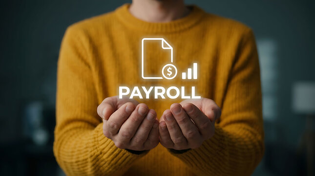Person holding glowing payroll icon representing financial management and salary