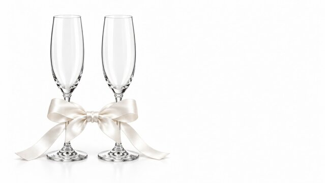 Empty champagne flutes with white ribbon lower-left 38% on white, 62% right copy space banner