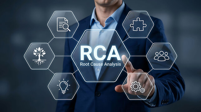 Businessman touching root cause analysis RCA concept interface with icons