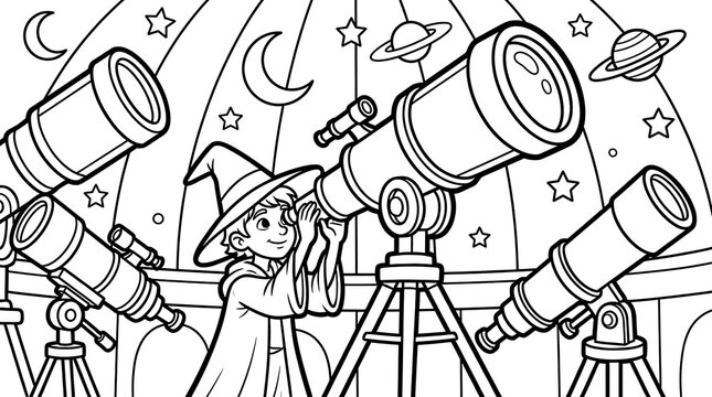 Coloring page for kids showing a young wizard looking through a large telescope inside an observatory with planets, stars, and moon symbols