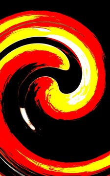 Ilustrasi abstrak yang penuh warna, menampilkan pusaran spiral berwarna merah menyala dan kuning dengan tekstur sapuan kuas pada latar belakang hitam. Aset stok berformat JPG untuk desain gerak dinami