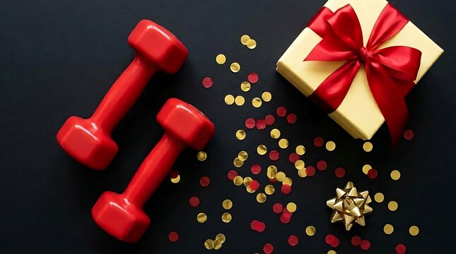 Two red dumbbells with a festive gift box and colorful confetti on a dark background