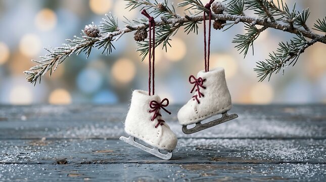 Two decorative white felt ice skates hanging from a snowy pine tree branch for winter holiday season