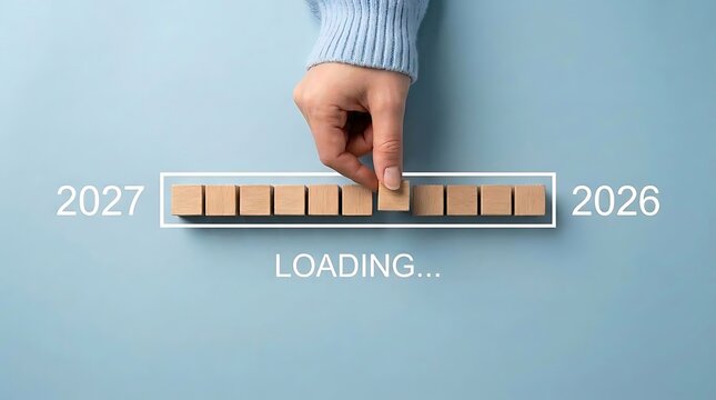 A hand placing a wooden block to complete a loading bar indicating the transition between twentytwentysix and twentytwentyseven