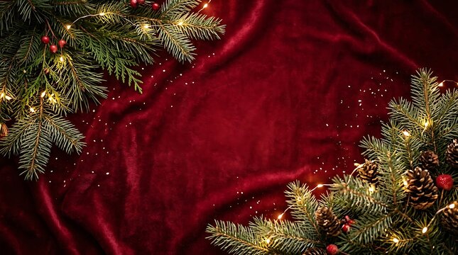 Festive christmas background with evergreen branches and glowing lights on red velvet fabric