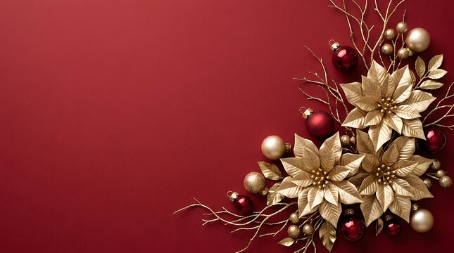 Festive christmas holiday background featuring golden poinsettia flowers and red and gold ornaments on a dark red surface