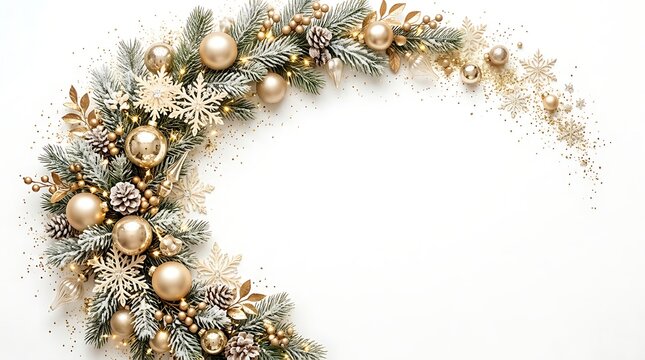 Festive christmas wreath arch made of pine branches golden baubles and snowflakes on white background