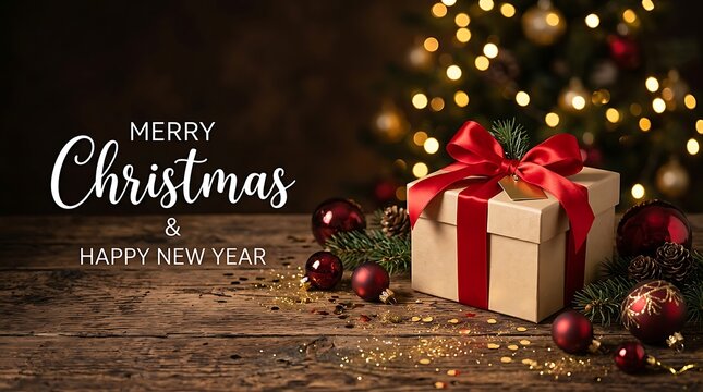 Merry Christmas and Happy New Year greeting card with gift box and decorations