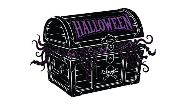 Spooky Halloween treasure chest illustration featuring scary skulls bones coins and creeping purple tentacles for festive holiday design