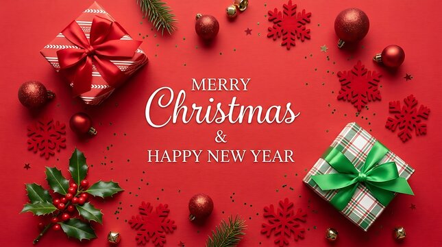 Merry Christmas and Happy New Year greeting card with gift boxes and holiday decorations on a red background