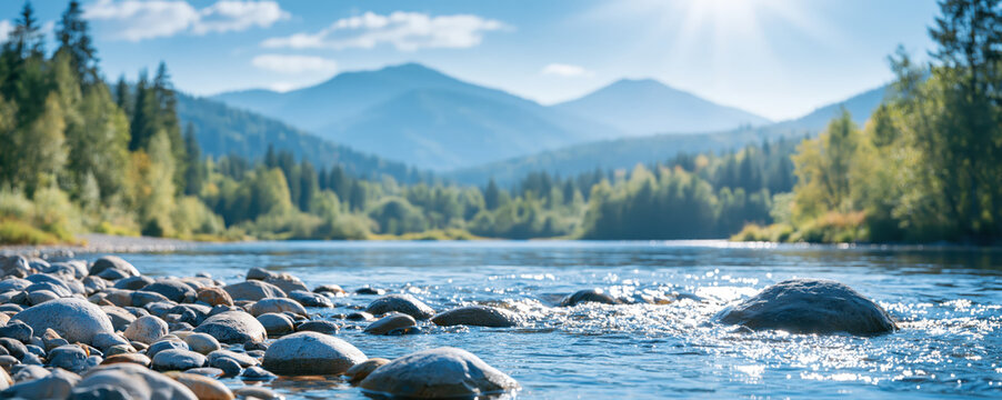Mountain river landscape with smooth stone shore and forest under bright sunlight