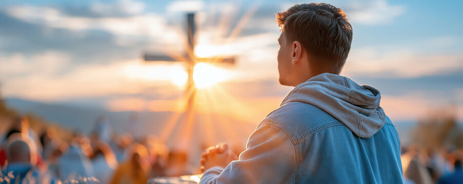 Young man in denim jacket watching sunset festival with glowing stage and blurred crowd, creating warm outdoor atmosphere