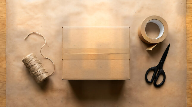 Cardboard mailing box with roll of packing tape twine string scissors