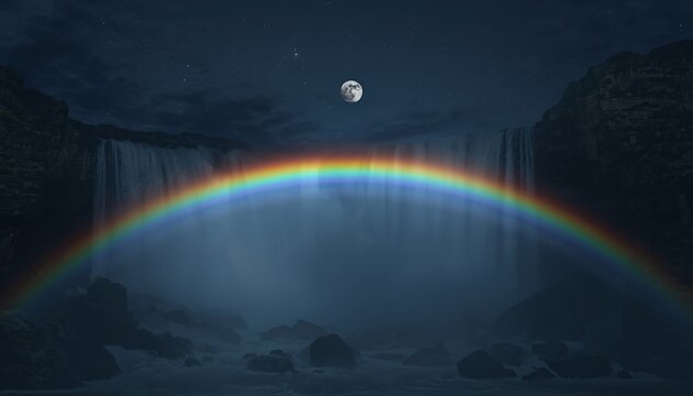 Moonbow lunar rainbow over waterfall rare night beauty background