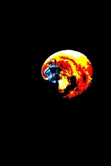 A stylized digital illustration depicting a satellite spacecraft orbiting a glowing planet in pitch-black space. A JPG stock asset for science fiction, space exploration, and cosmic concept design the © Setyo