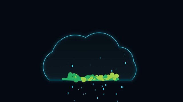Surreal 2D cloud storage icon with a tiny floating garden, growing leaves and upward-rising data particles, clean futuristic vector animation.