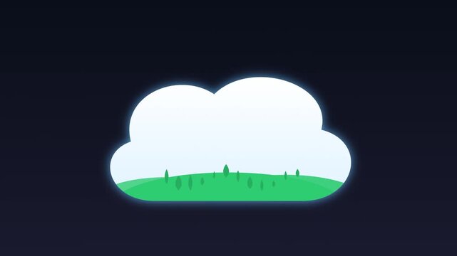 Whimsical 2D cloud storage icon featuring a miniature floating garden, tiny leaves growing above the cloud while glowing data particles rise into it, clean vector animation.