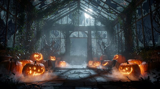 Spooky Halloween Pumpkins in an Abandoned Greenhouse
