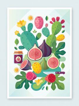 Fresh figs and prickly pear fruit with jam jar and cactus, flat vector style, food concept