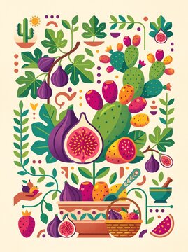 Prickly pear cactus with fresh figs, bowl and basket, flat vector style, exotic harvest concept